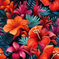 Tropical flowers in striking hues of red, pink, and orange, seamlessly designed with vibrant petals and exotic foliage