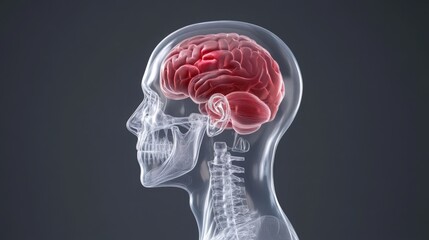 sinus pain and pressure with medication concept. Translucent human skull with a visible brain highlighted in red.