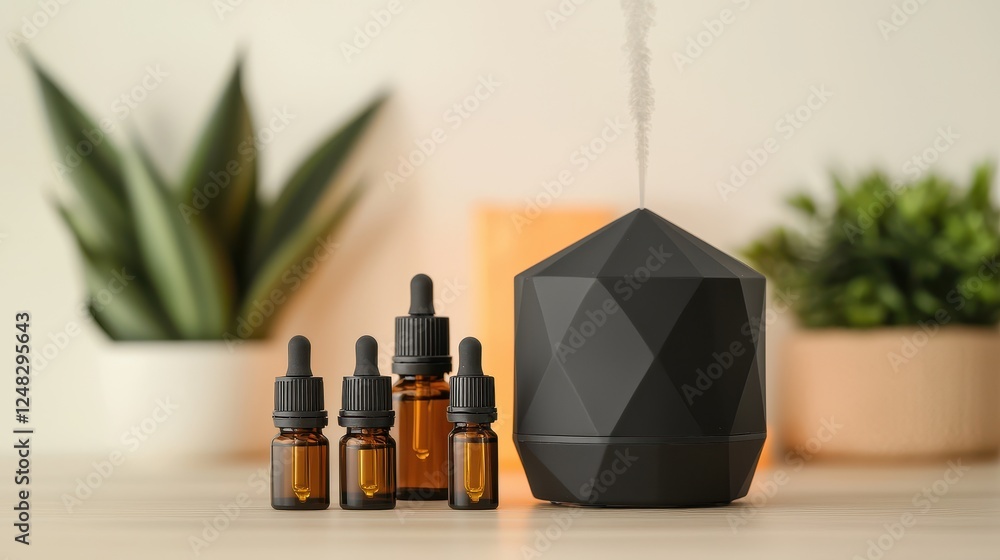 Poster modern black diffuser with essential oils in a minimalist home setting for relaxation and aromathera
