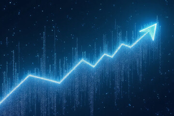 Digital graph showing upward trend with glowing blue lines and particles, symbolizing growth and success