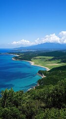 Coastal Vista, Turquoise Waters, Lush Hills, Sunny Day