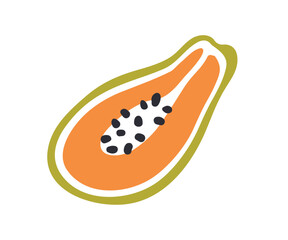 Papaya fruit, cut half with black seeds. Exotic tropical food, fresh ripe sweet pawpaw cross-section piece. Natural vitamin healthy eating. Flat vector illustration isolated on white background