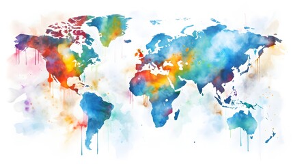 Beautifully Crafted Watercolor World Map Painting with Vivid Hues Ideal for Inspiring Geographical Purposes and Captivating Wall Decor