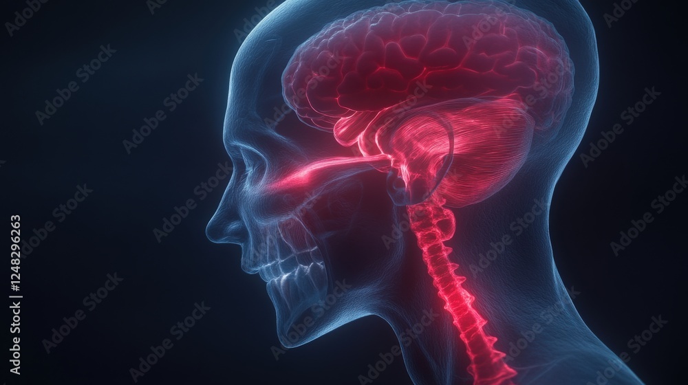 Poster sinus pain and pressure with medication concept. 3d render of a human head showcasing neural pathway
