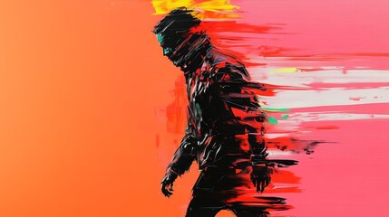 A figure strides forward fragmented yet resolute The painting blends form with abstract expression emotion conveyed through color and movement