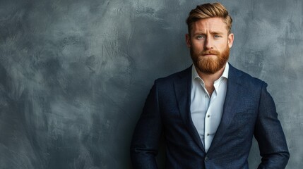 Handsome bearded businessman wearing watch, trendy suit and vest in modern studio against grey wall.