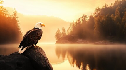 Fototapeta premium Majestic bald eagle perched on a rocky outcrop at sunrise beside a tranquil lake