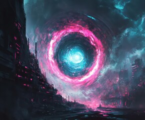 Obraz premium Dark swirling vortex with neon pink and blue accents. Futuristic portal concept