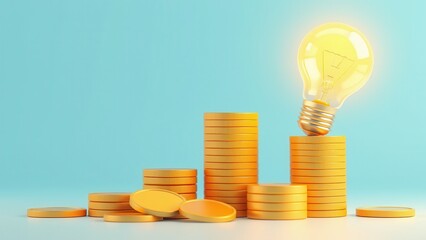 Stacks of coins, light bulb and increasing graph. Concept illustration for start up idea.
