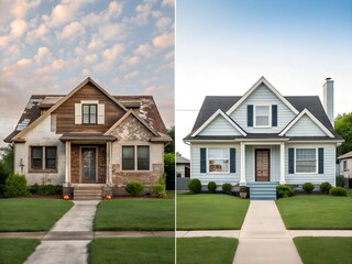 A split-screen image of a house before and after renovation. The left side shows a worn-out exterior, while the right side displays a beautifully restored modern home with fresh paint and landscaping.
