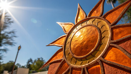 Fototapeta premium vibrant sunburst sculpture with hammered copper finish, glowing in sunlight