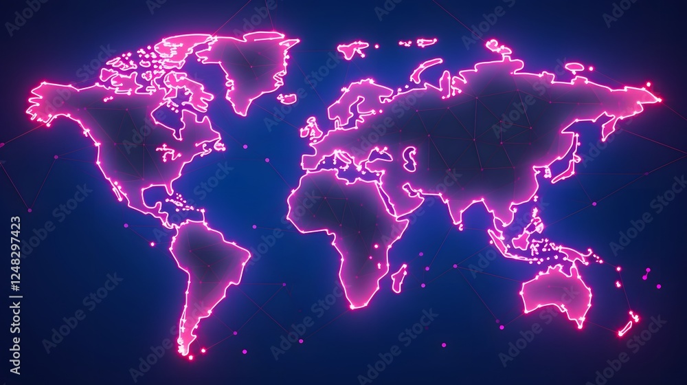 Poster captivating retro style neon world map with a glowing grid design evoking a futuristic and techno sa