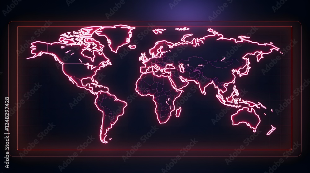 Poster retro 80s style neon world map with glowing grid lines and futuristic digital aesthetic abstract tec