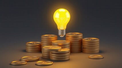 Stacks of coins, light bulb and increasing graph. Concept illustration for start up idea.