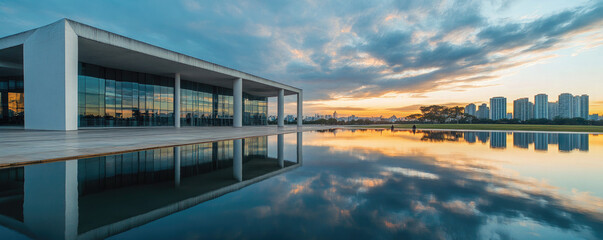 Fototapeta premium Modern Architecture at Sunset: Modern architectural marvel stands beside a serene reflecting pool at dusk, framed by a vibrant, cloud-filled sky, offering a stunning interplay of light and reflection.