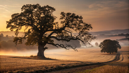 Fototapeta premium Majestic tree in serene landscape at golden hour, nature beauty shines