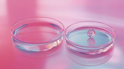 Two serum drops on a petri dish for chemistry and research visuals. 