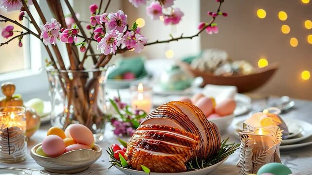 Easter table setting with ham and colorful eggs