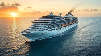 Majestic Cruise Ship Sailing at Sunset Ocean Voyage