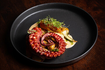 Savoring Grilled Octopus With Vibrant Vegetables and Sauce on a Rustic Plate in a Cozy Restaurant Setting