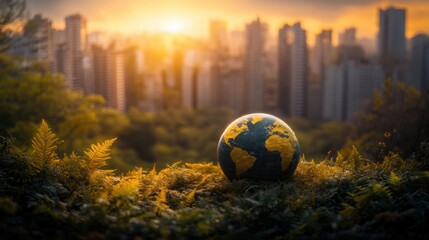 Global Earth in Urban Landscape at Sunrise Surrounded by Nature