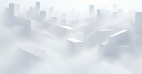 Geometric cityscape of white structures fading into fog, creating a minimalist abstract scene with soft gradients and clean lines, evoking a sense of serene vastness