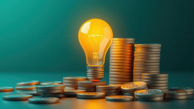 Stacks of coins, light bulb and increasing graph. Concept illustration for start up idea.