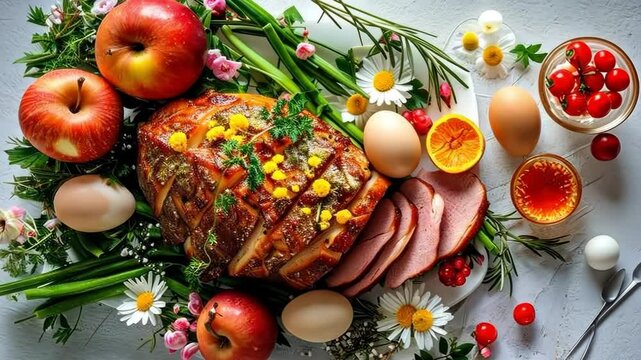 Easter table setting with ham and colorful eggs