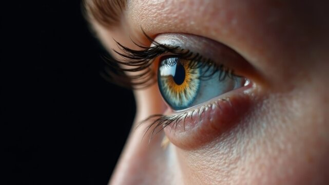 female eye close up side view on dark background