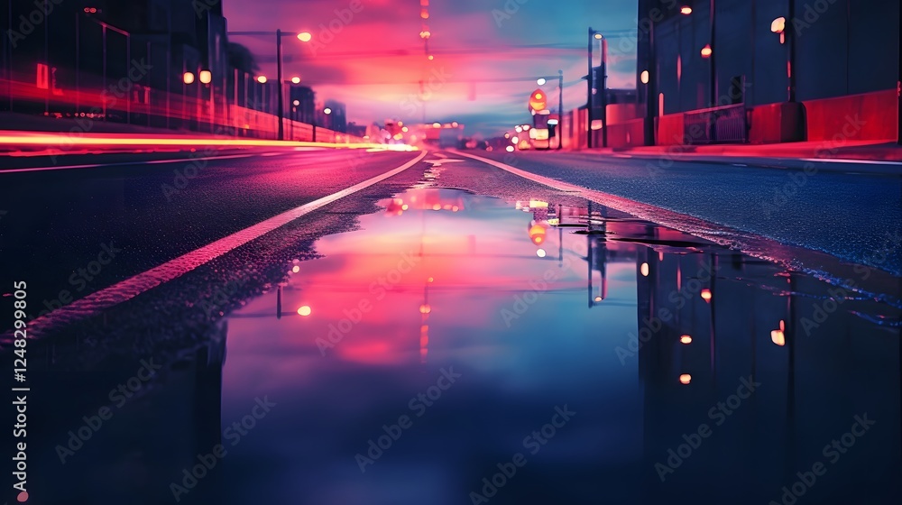 Poster mesmerizing night scene of a parking area with glowing neon lights casting reflections on the wet as