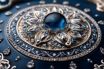 Intricate Silver Jewelry with a Central Blue Gemstone and Floral Accents

