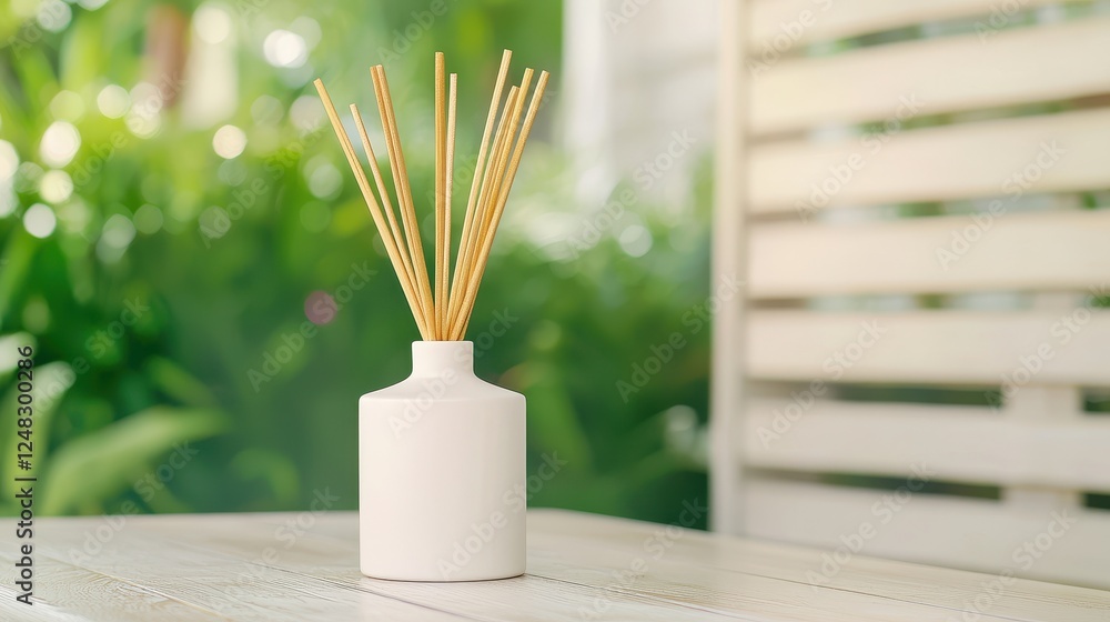 Poster elegant reed diffuser with golden sticks on a table surrounded by lush greenery in soft natural ligh