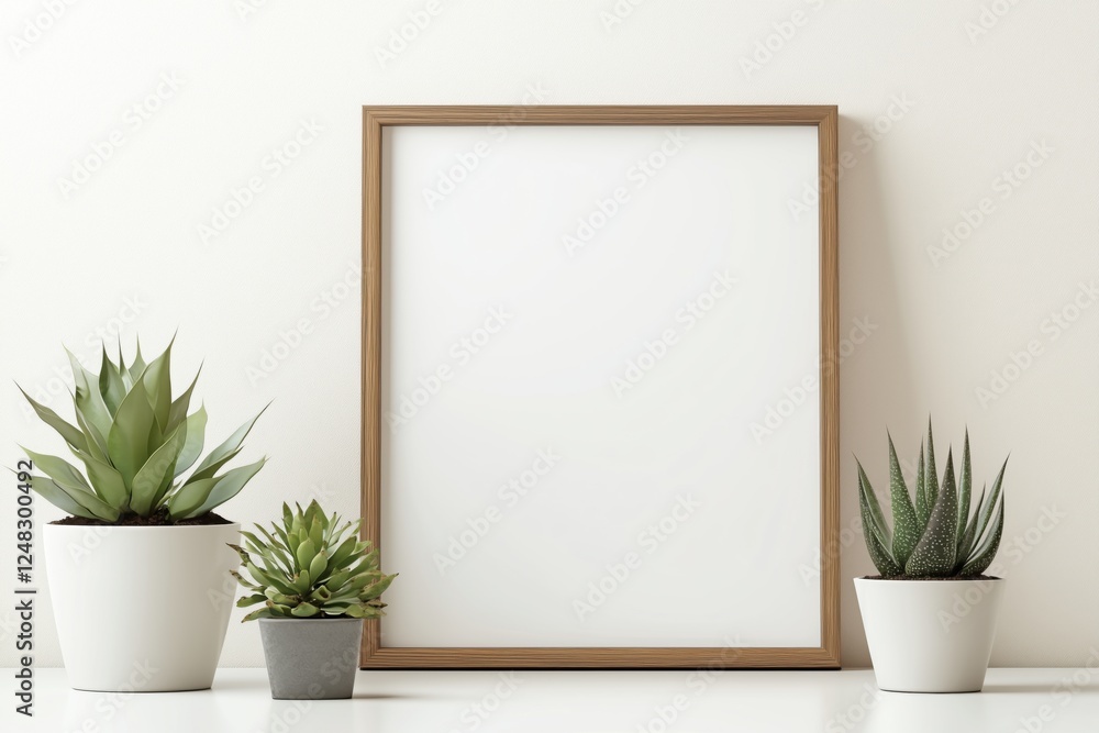 Poster minimalist interior with succulent plants and an empty frame on a white table in a bright setting