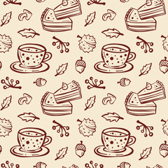 Pattern featuring cups of tea and slices of cake with autumn leaves and acorns on a light background
