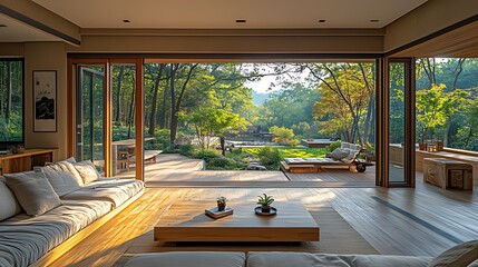 Modern living room, forest view, sunrise, open doors, zen garden