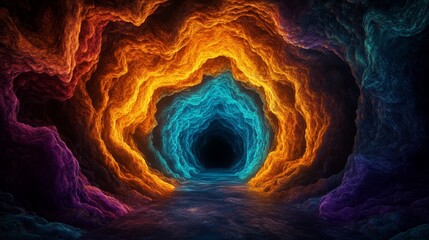 A vibrant tunnel is created by layers of colors and textures showcasing a portal-like pathway into darkness with an illuminated ambiance