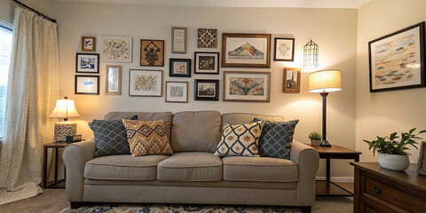 A living room with a couch and a wall of framed art