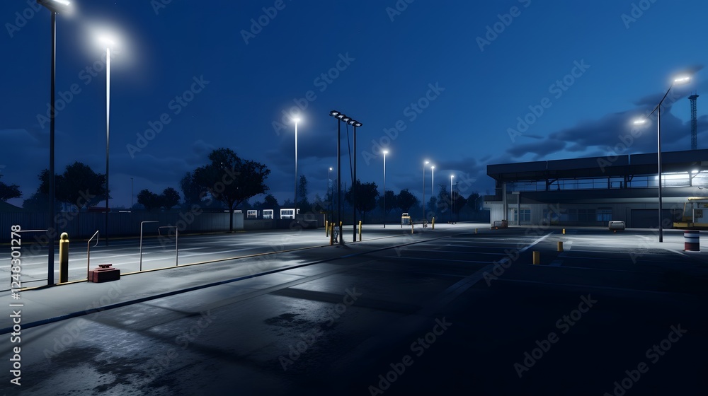 Aufkleber dramatic shadows cast by security lights across an empty industrial parking lot at nightfall creatin
