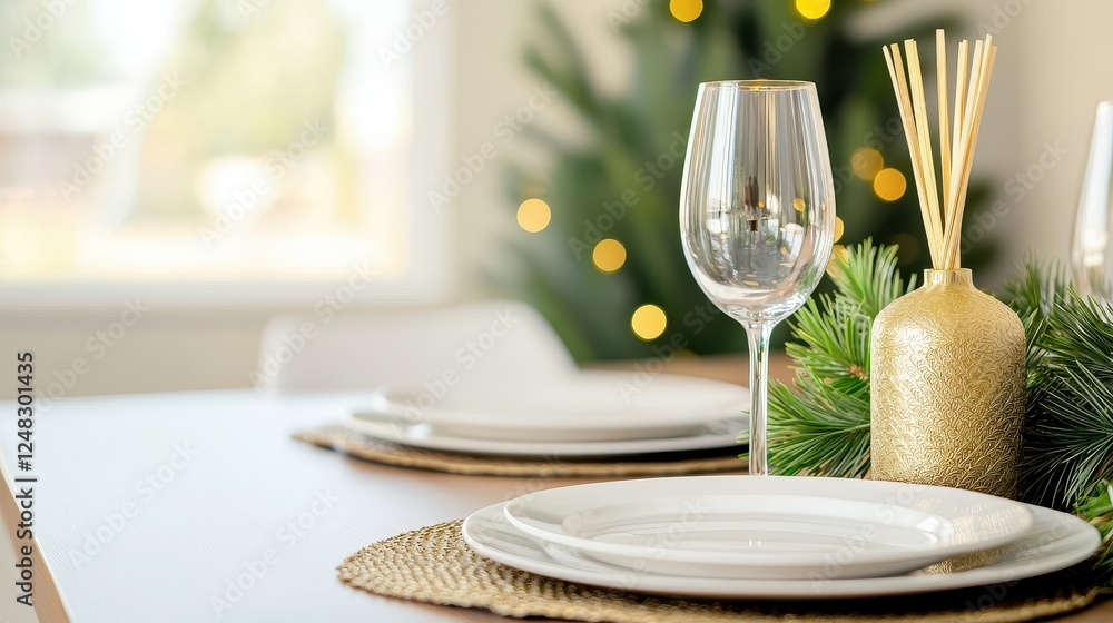 Poster elegant reed diffuser with golden sticks on a table set for a festive gathering with soft lighting