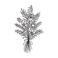 flower bouquet vector. Hand drawn flower. Wildflower line art bouquets set, wild plant, botanical vector illustration