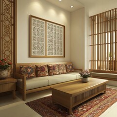 Asian-inspired living room with wooden furniture and patterned rug