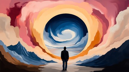 A figure stands before a swirling colorful portal evoking themes of transition introspection and the allure of unknown journeys
