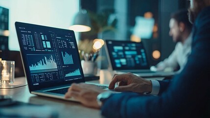 A dynamic business meeting showcases professionals analyzing financial data on laptops and charts, highlighting strategic planning for effective cash flow management.