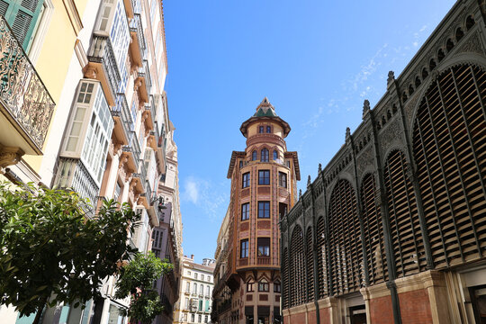 Tower of the corner building Sagasta 5 Guerrero Strachan in old town of Malaga, Andalusia, Spain  