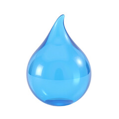 A single, realistic 3D render of a transparent blue water droplet against a cut out background.