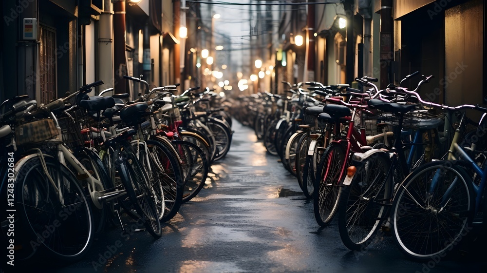 Poster neatly organized and efficient bicycle parking area with rows of bicycles in an urban city setting s