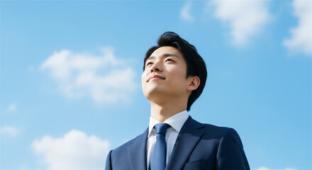 空を見上げるスーツ姿の若い男性