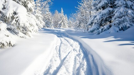 Snow-covered path in winter forest with clear blue sky