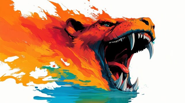 Colorful digital painting of an animal snarling ferociously with vibrant orange red and blue hues merging in a dynamic display