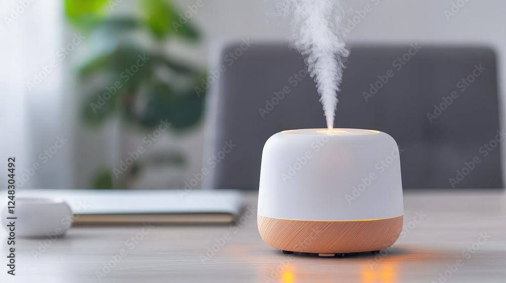 Poster sleek diffuser for minimalist workspace, creating relaxing mist in modern office setting